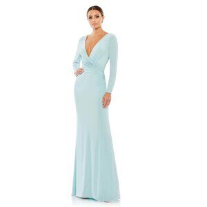 NWT Mac Duggal Long Sleeve Ruched Jersey V-Neck Gown Powder Blue 6 #A0200